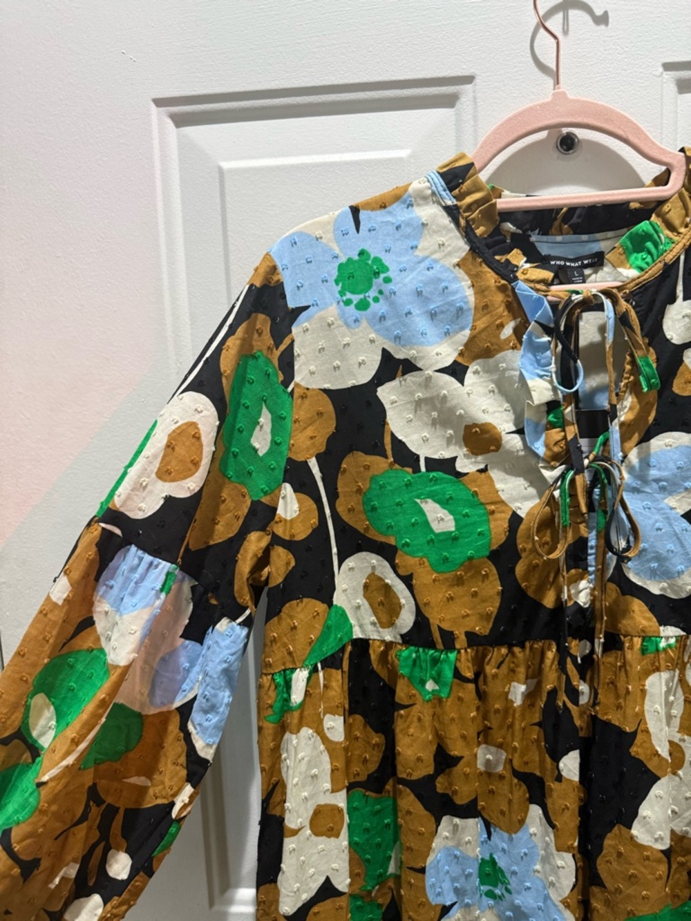 Who What Wear Black Floral Tie-Neck Dress with Green, Blue & Brown Accents